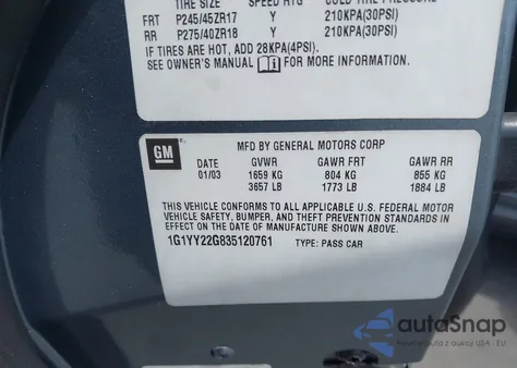 2003 Chevrolet Corvette from USA, damaged, VIN 1G1YY22G835120761